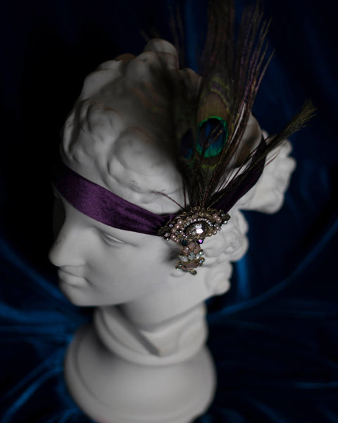 Flapper 20's headpiece purple peacock feather headband with rhinestones