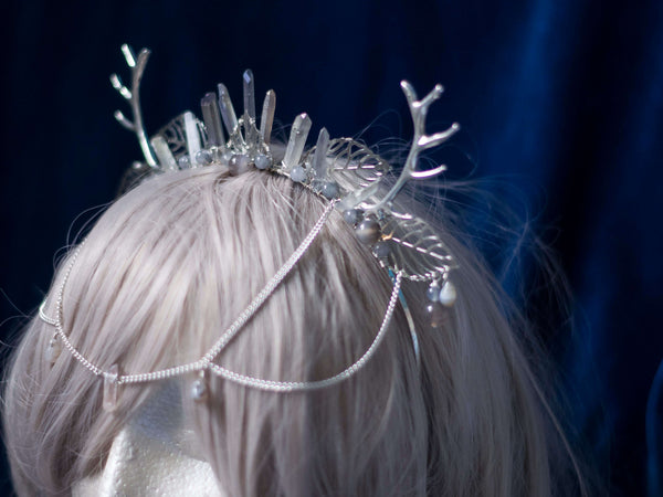 Wiccanica stag horns silver headdress with angel aura quartz