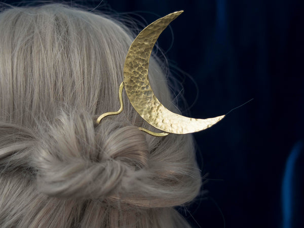 Selene moon hair pin in golden brass