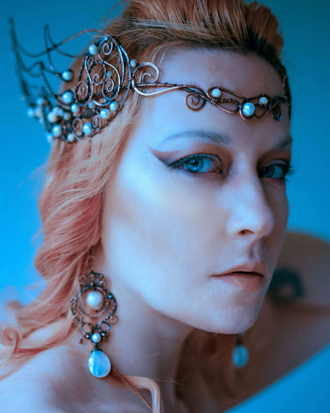 Angel winged pearl crown, wire wrapped copper diadem