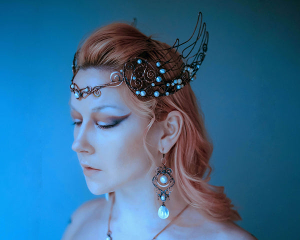 Angel winged pearl crown, wire wrapped copper diadem