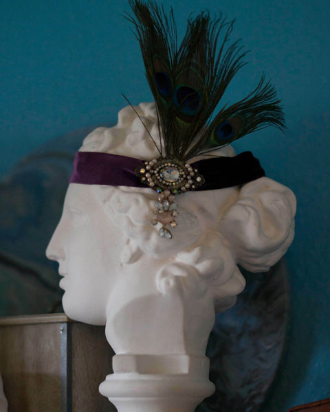 Flapper 20's headpiece purple peacock feather headband with rhinestones