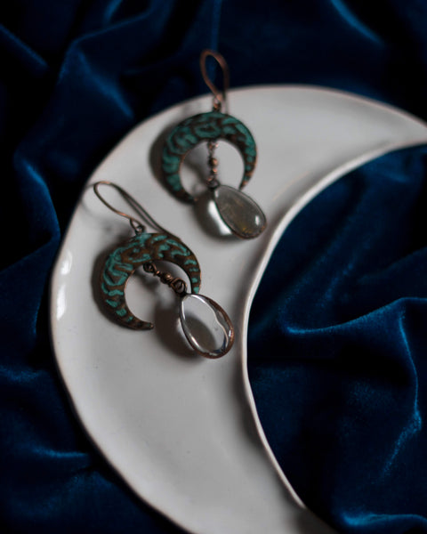 Moon green patina copper earrings with quartz drops