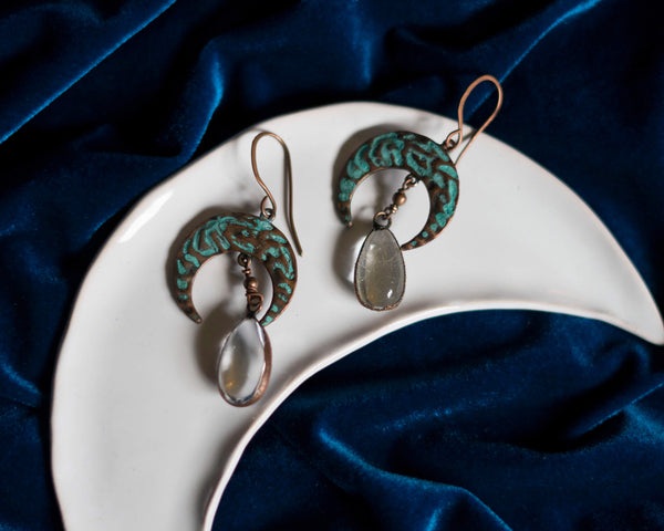 Moon green patina copper earrings with quartz drops