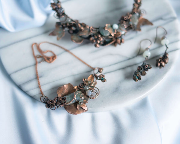Copper Ivy labradorite pendant and blossoms earrings