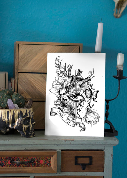 Eye heart you One to see art print with anatomical blooming heart