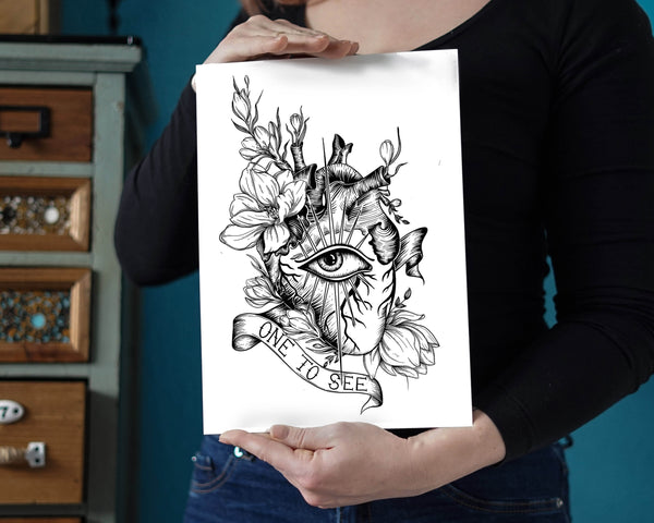 Eye heart you One to see art print with anatomical blooming heart