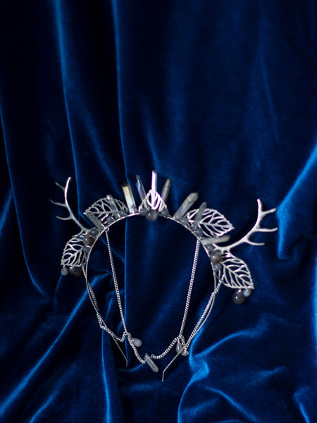 Wiccanica stag horns silver headdress with angel aura quartz