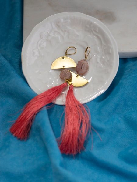 Aine asymmetric coral pink tassel golden tone brass earrings