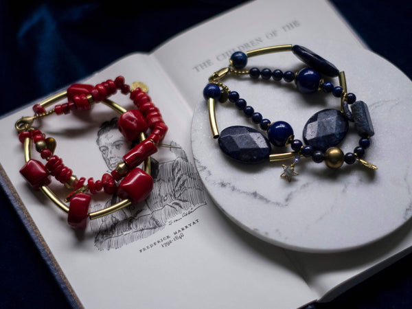 Bohemia Two layers chunky gemstones bracelets Coral or Lapis Lazuli