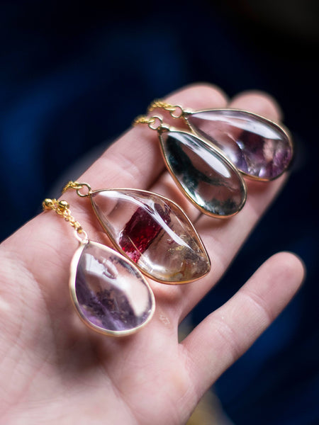 Spring rain Golden tone quartz pendant with colored inclusions