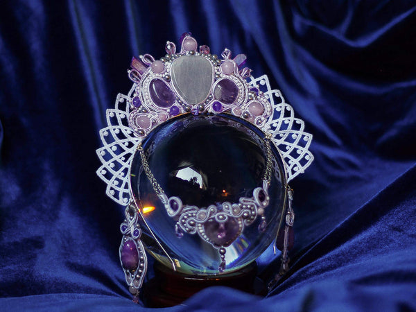 Anna Quartz embroidered crown with purple quartz and gray pearls