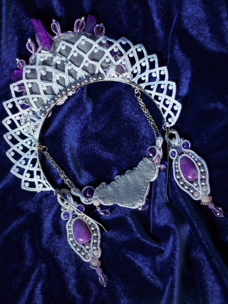Anna Quartz embroidered crown with purple quartz and gray pearls