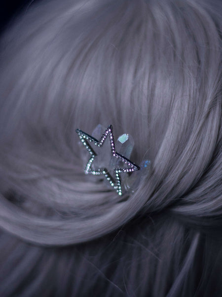 Diamonds Crescent moon Silver hair comb with aura quartz