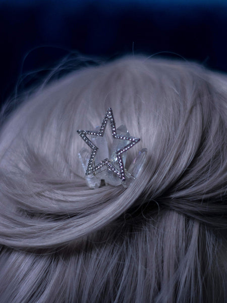Diamonds Crescent moon Silver hair comb with aura quartz