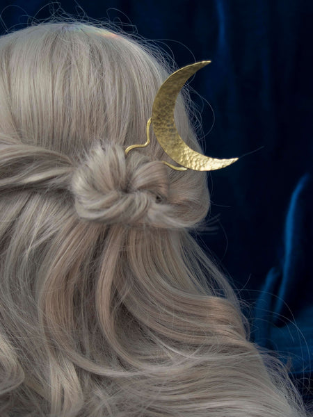 Selene moon hair pin in golden brass