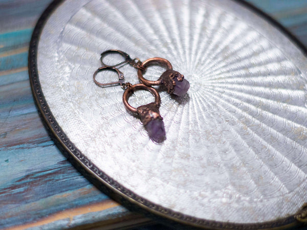 Mystical amethyst  small circle raw crystal earrings
