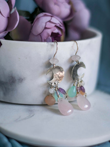 Moon rain pastel crystals earrings with rose quartz and blue opals