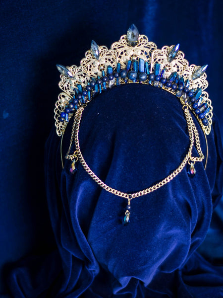 Serafina Statement golden crystal crown with blue aura quartz poins