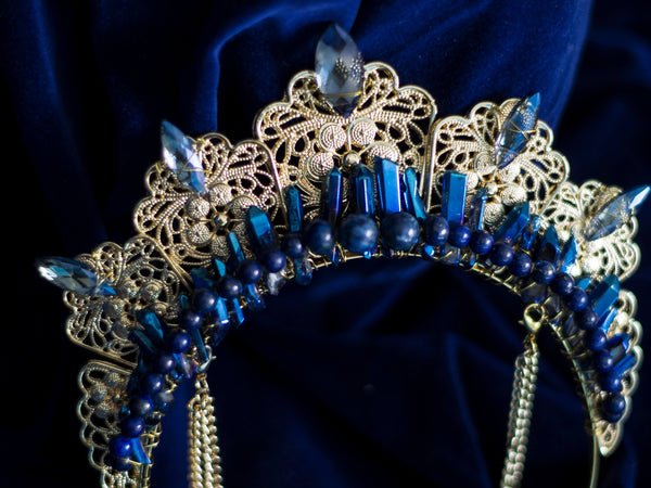Serafina Statement golden crystal crown with blue aura quartz poins