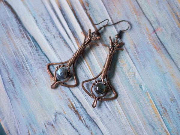 Nina Art Deco copper wire art dangle earrings