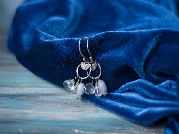 Rustic moon silver earrings with pastel gemstones