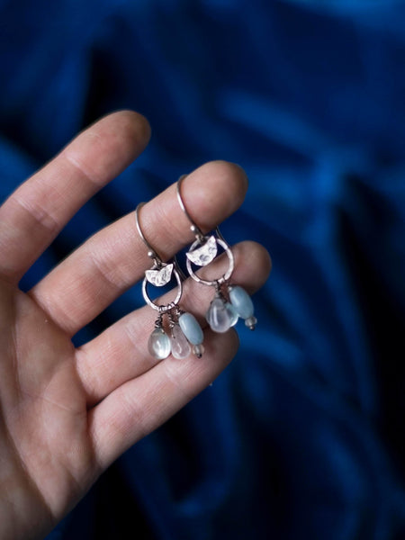 Rustic moon silver earrings with pastel gemstones