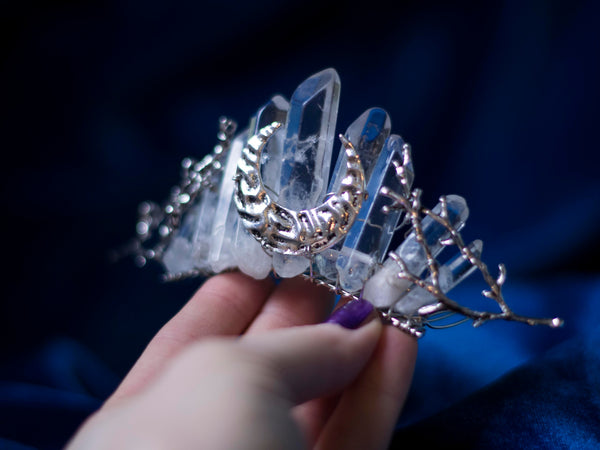 Moonrise silver crown with quartz points and silver tone twigs