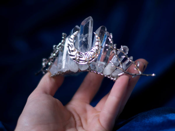 Moonrise silver crown with quartz points and silver tone twigs