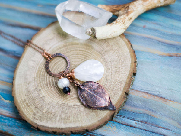 Natural real leaf organic copper long chain pendant with mother of pearl drop - MoonDome - 1