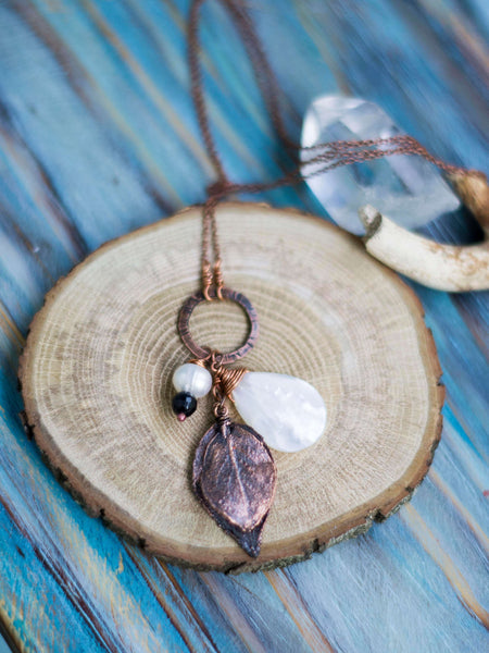 Natural real leaf organic copper long chain pendant with mother of pearl drop - MoonDome - 3