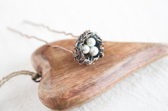 Nest copper hairpin with natural fresh water pearls
